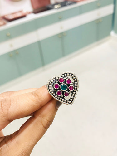 Ruby Heart Oxidised Silver Ring